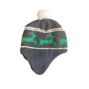 Youth Knit Beanie W/ Ear Flaps & Pompom Fairisle Print Gray & Green Unisex OSFM